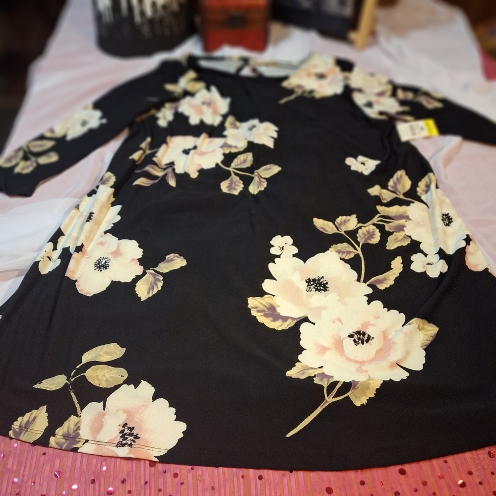 Bobbie Brooks Black Floral Dress 3/4 Sleeves Size XL